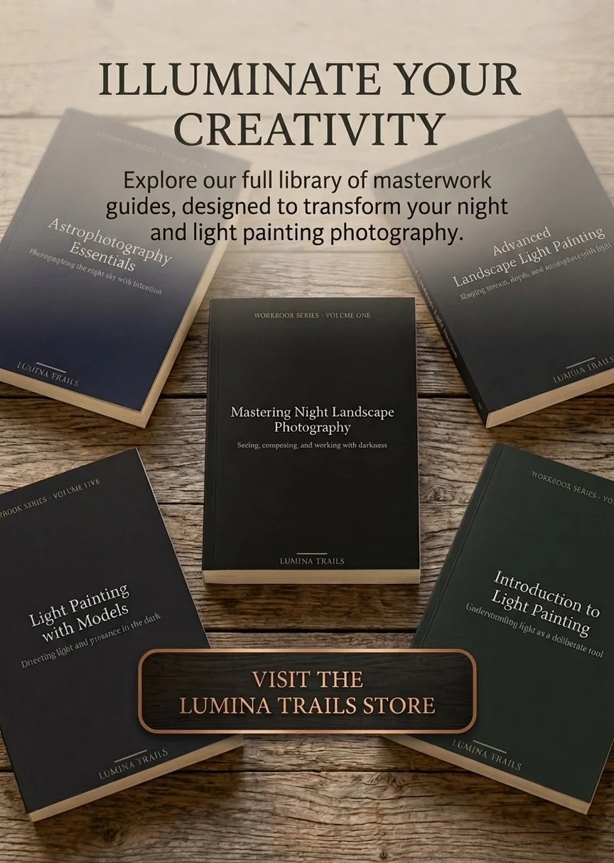 Display of five books about night and light painting photography arranged on a wooden surface with a banner promoting the Lumina Trails store.