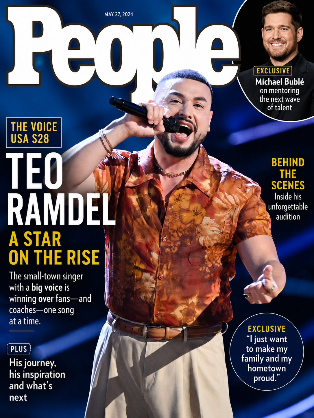 Portada de revista People con una foto de Teo Ramdel en un escenario, sosteniendo un micrófono, vistiendo una camisa de estampado floral en tonos anaranjados y beige pantalones, sonriendo. Incluye titulares sobre su trayectoria musical, inspiración y entrevistas exclusivas con otros personajes.