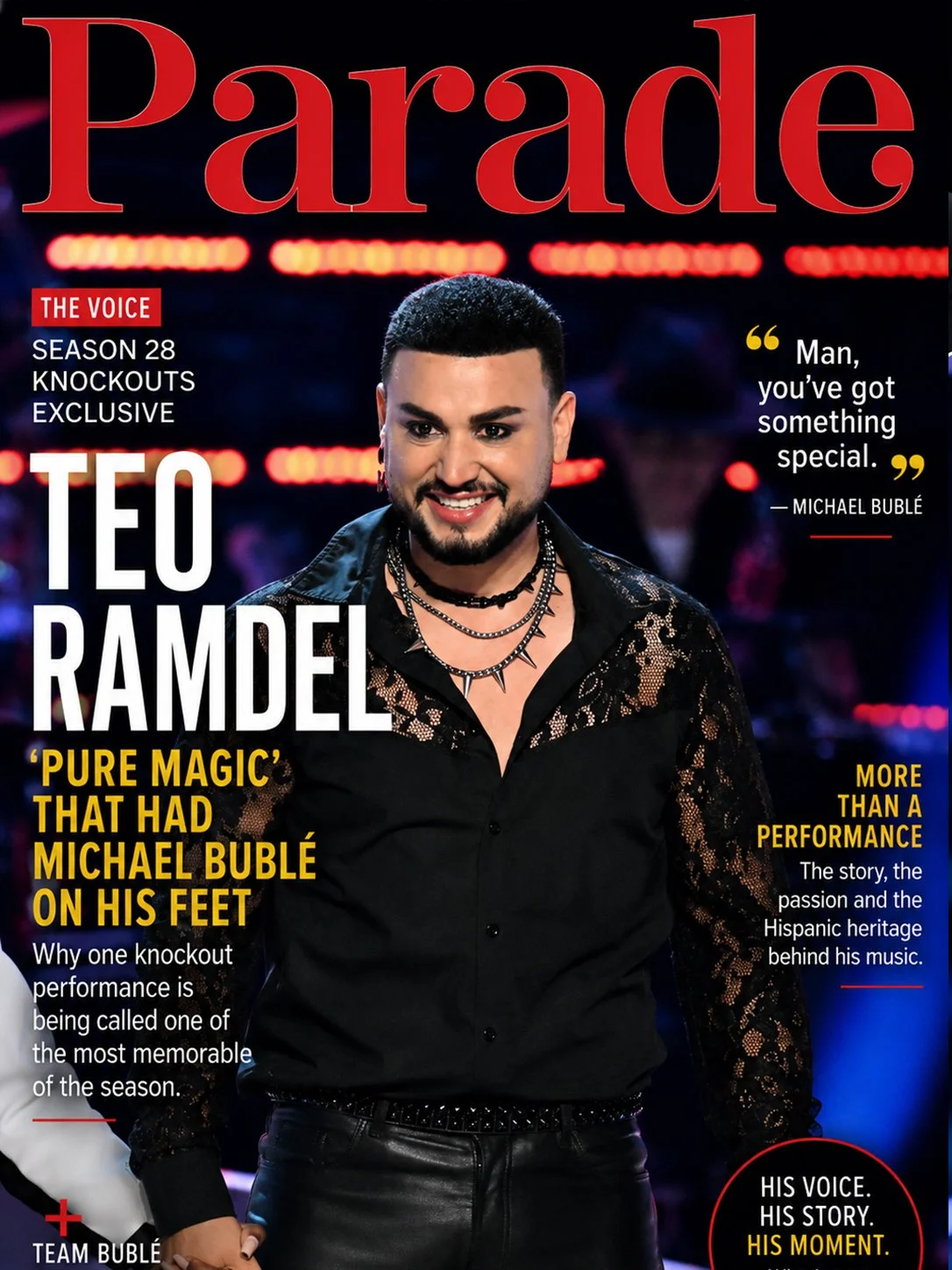 Portada de una revista con una persona sonriente en el centro, vestida con ropa negra y accesorios, y el título 'Parade'.