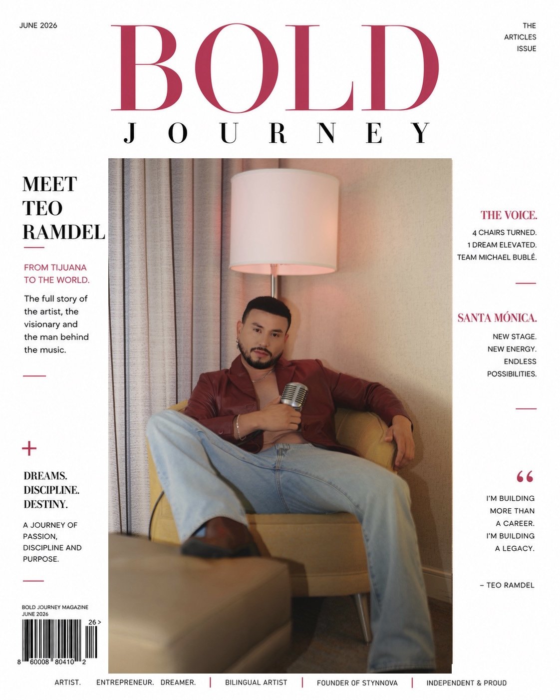 Portada de una revista llamada BOLD JOURNEY, junio de 2026, con una mujer sentada en un sillón, sosteniendo un micrófono, en una habitación con cortinas y una lámpara de pie.
