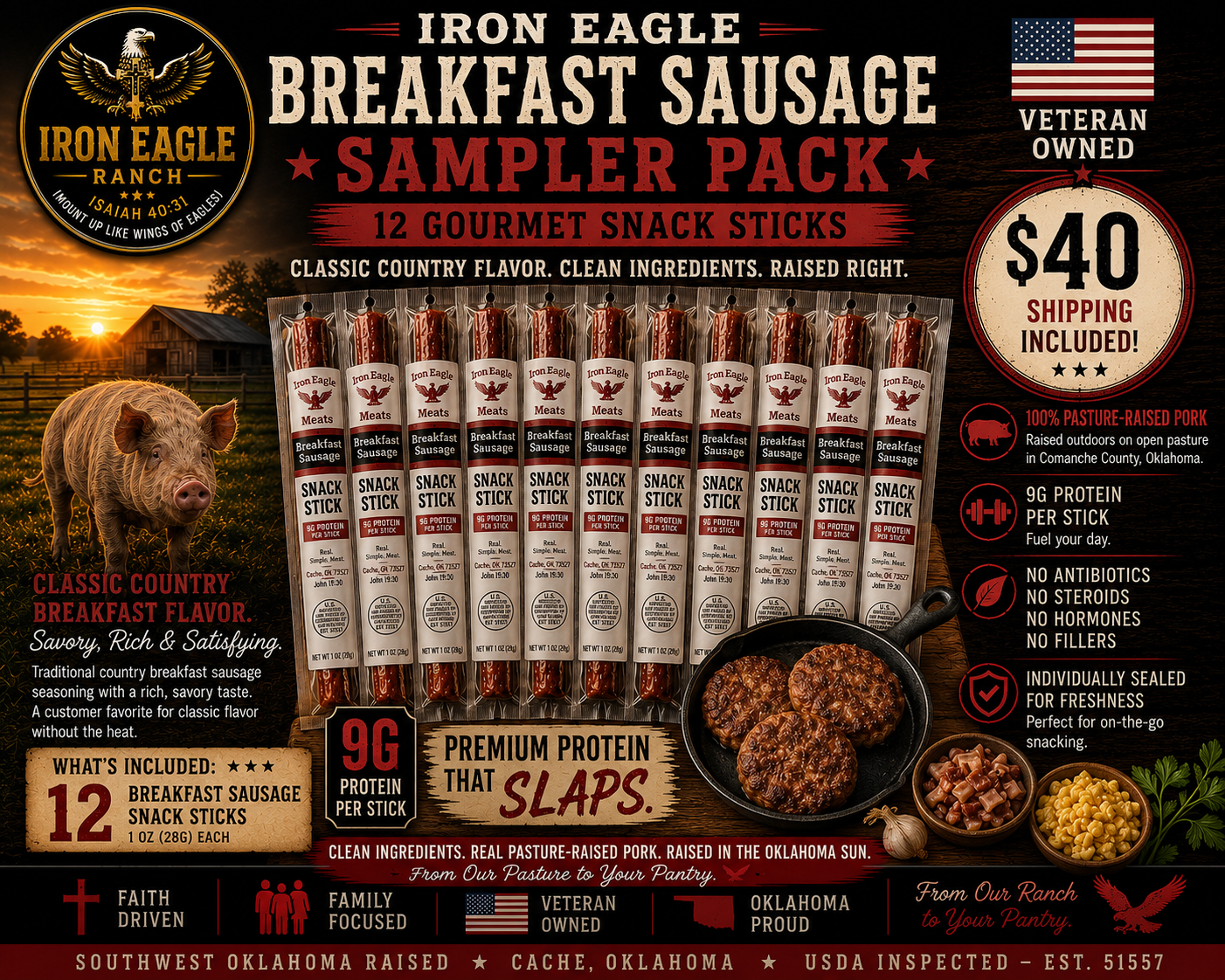 Iron Eagle Breakfast Sausage Sampler Pack – 12 Pasture-Raised Gourmet Snack Sticks | $40.00 ⭐ SHIPPING INCLUDED
