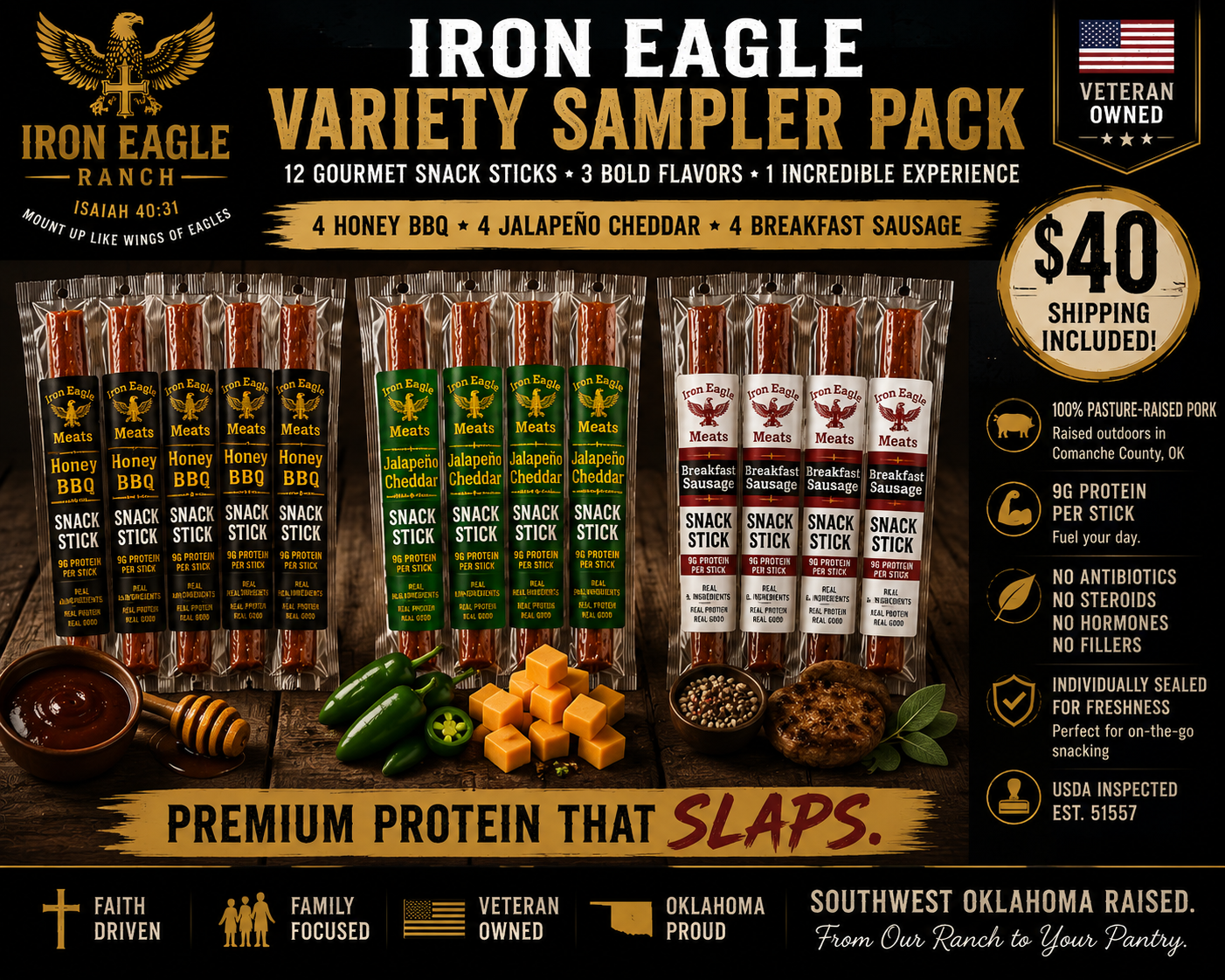 Iron Eagle Variety Sampler Pack – 12 Pasture-Raised Gourmet Snack Sticks | $40.00 ⭐ SHIPPING INLUDED