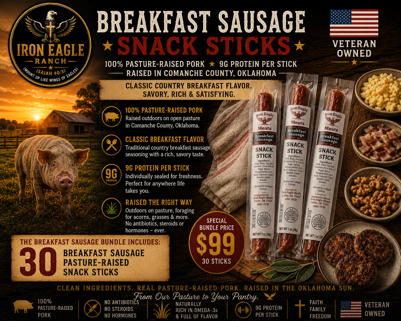 Breakfast Sausage Bundle  (30 Sticks) — $99 ⭐Pasture-Raised Gourmet Snack Sticks ⭐ SHIPPING INCLUDED