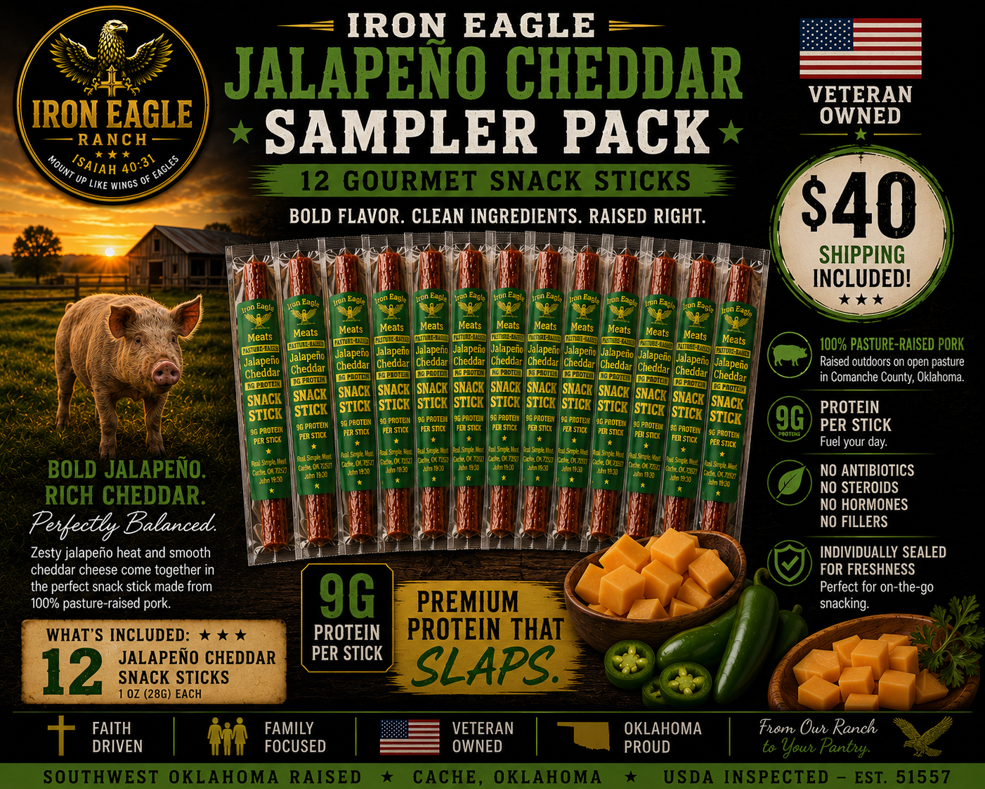 Iron Eagle Jalapeño Cheddar Sampler Pack – 12 Pasture-Raised Gourmet Snack Sticks | $40.00 — $40 ⭐SHIPPING INCLUDED
