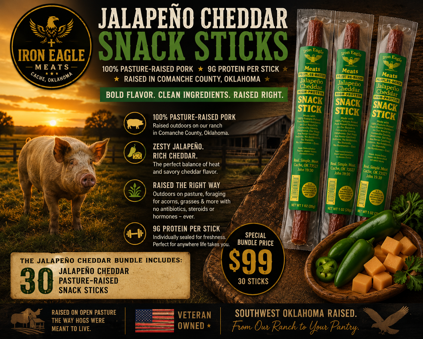 Jalapeño Cheddar Bundle (30 Sticks) — $99 ⭐Pasture-Raised Gourmet Snack Sticks ⭐ SHIPPING INCLUDED