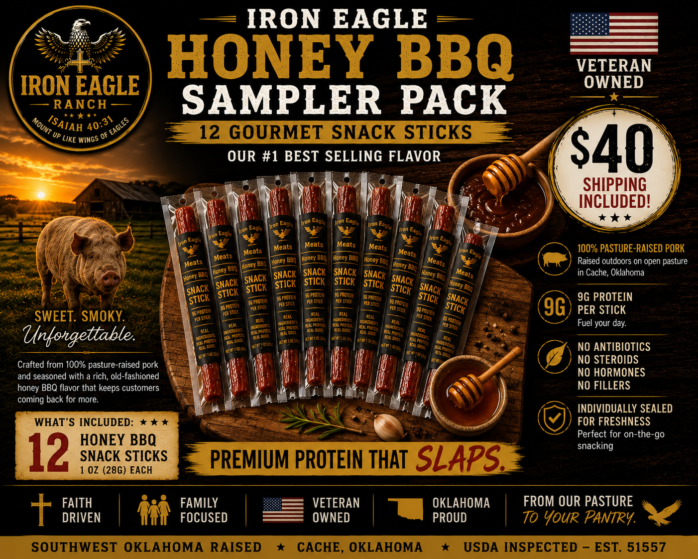 Iron Eagle Honey BBQ Sampler Pack – 12 Pasture-Raised Gourmet Snack Sticks | $40.00 ⭐ Best-seller SHIPPING INCLUDED