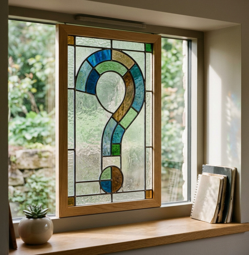 Stained glass window with a large question mark design, partly open, view of a garden outside, with a small potted succulent and notebooks on the window sill.