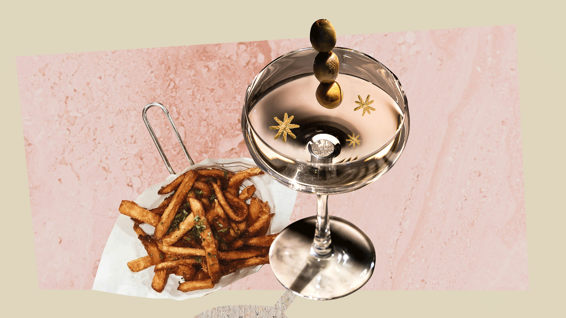 Martini & Fries, 2025, by Molly Dickson: a martini with olives and stitched gold stars beside a basket of fries