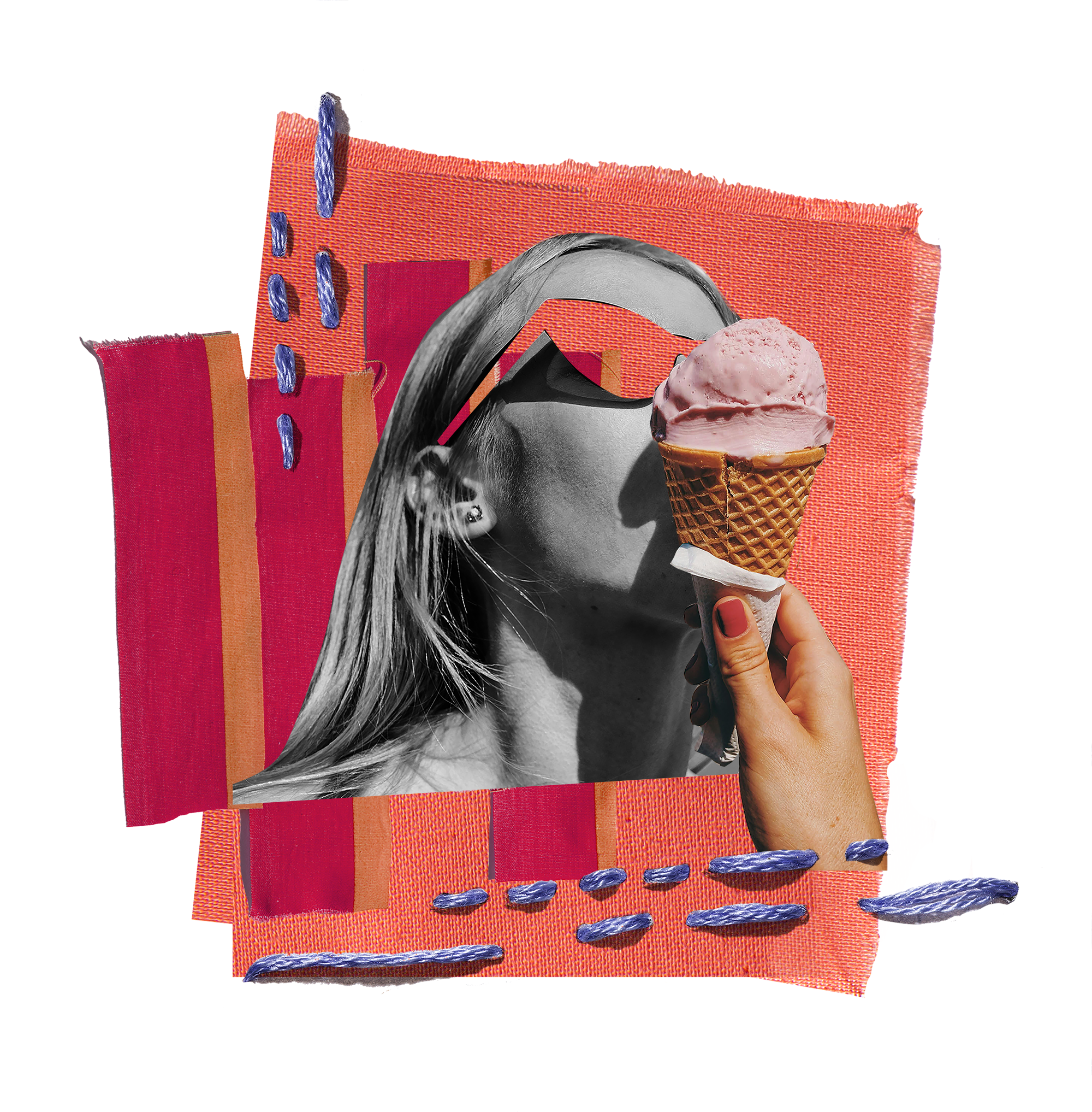 Dessert, 2026, by Molly Dickson: a black-and-white portrait collaged with a pink ice cream cone on red fabric