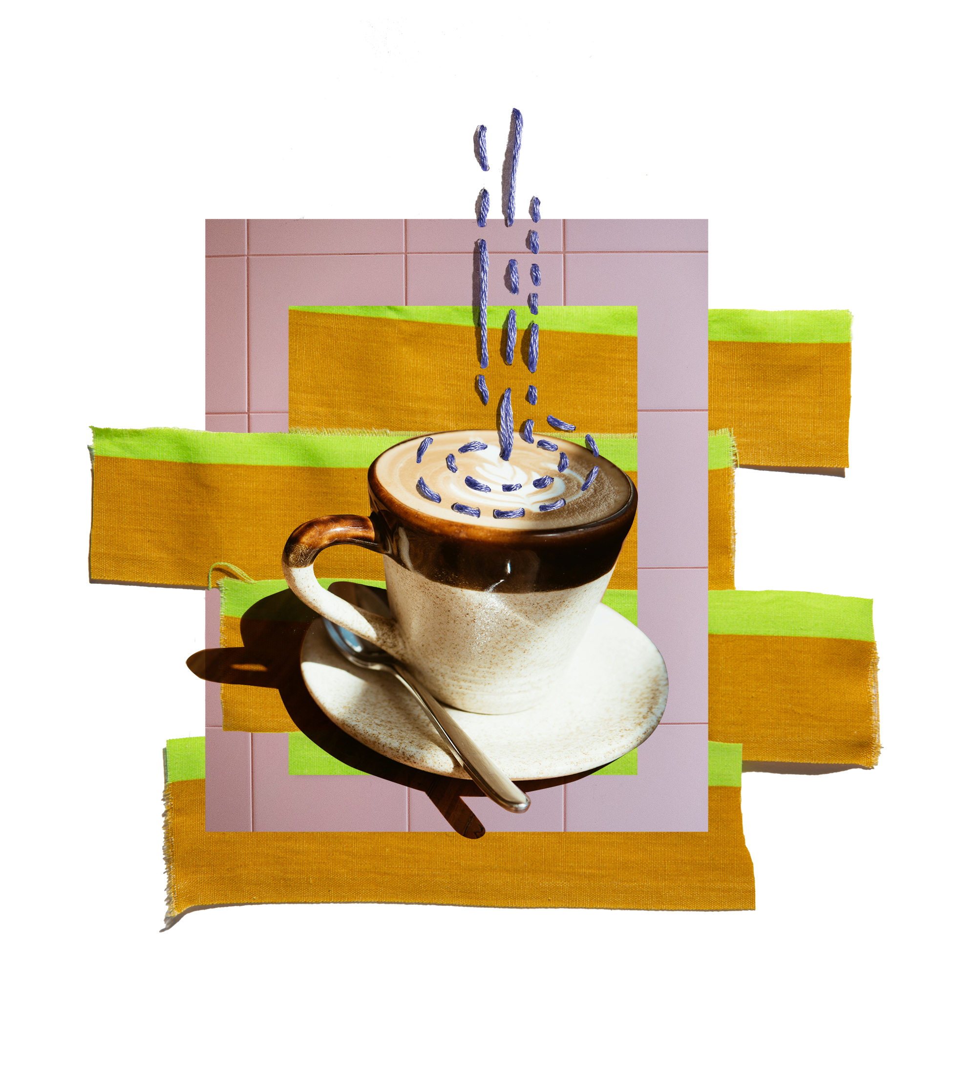 Coffee, 2025, by Molly Dickson: a cappuccino with stitched blue steam on layered gold and green fabric