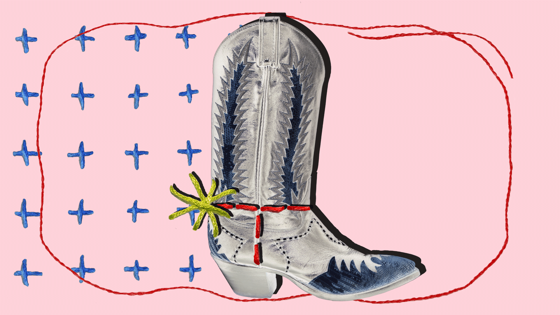 Boot, 2025, by Molly Dickson: a silver cowboy boot with blue stitching and a green spur on pink