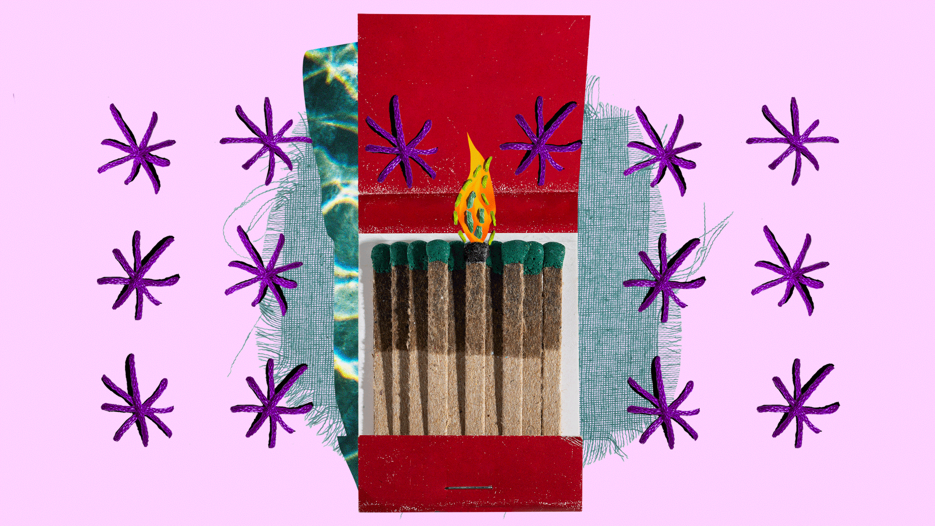 Matches, 2026, by Molly Dickson: a red matchbook with a stitched flame surrounded by stitched purple stars
