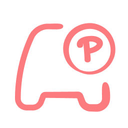 Pink line drawing of an elephant with a circled letter P.