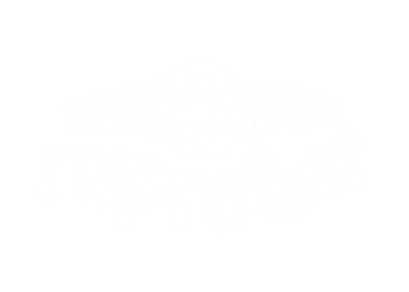 Black and white  Desert Hearts Microfest logo illustration in stylized text, with a small flower and a cup symbol with a heart inside it.