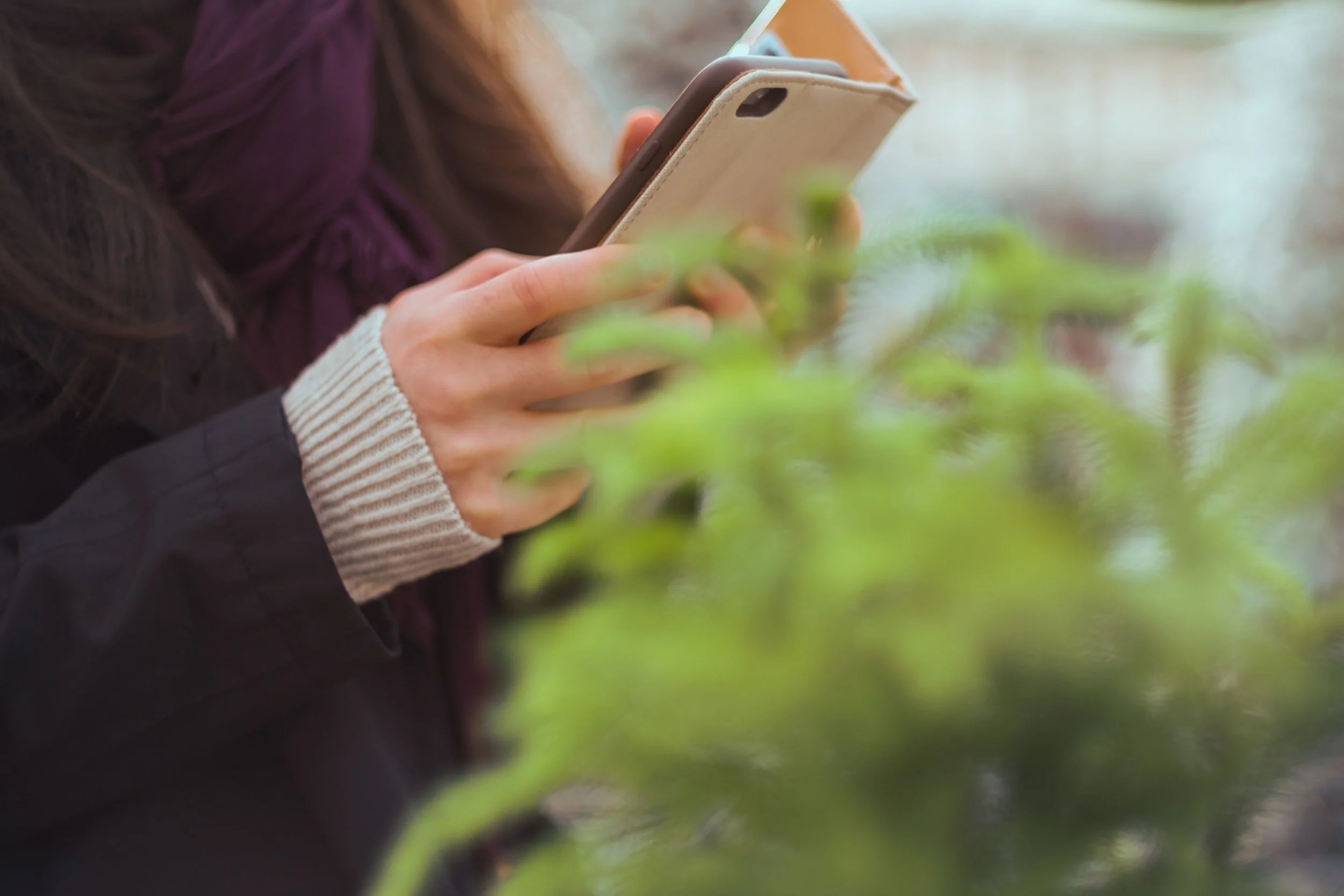 Person holding a smartphone in their hands, with a blurred background of green foliage.
