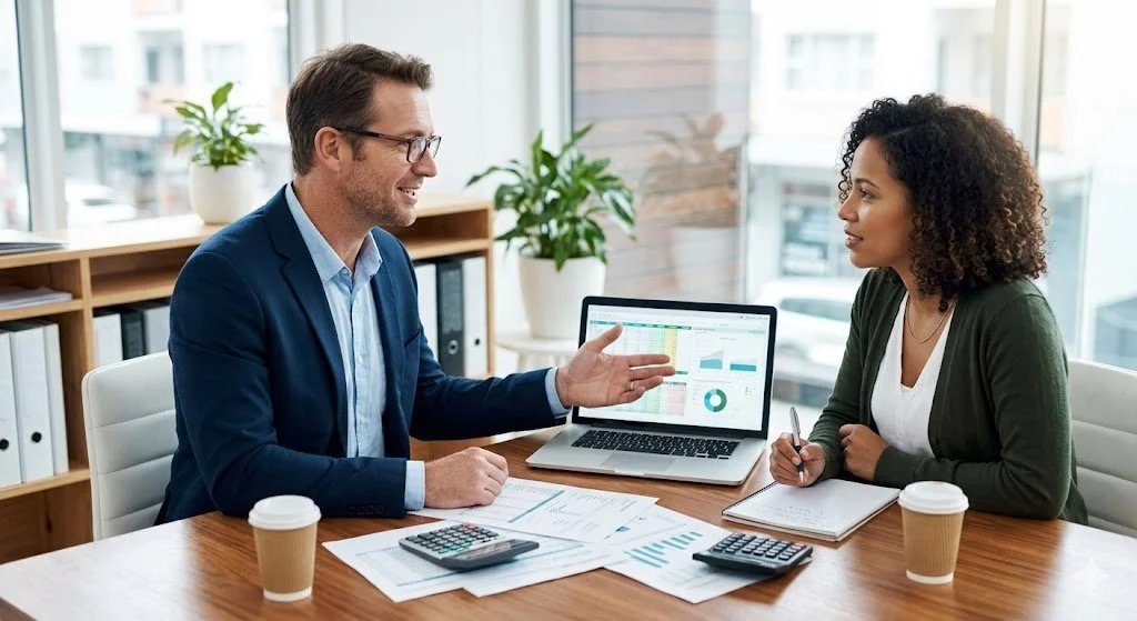 Two professionals, a man and a woman, having a business meeting in a modern office, with a laptop, documents, pens, and coffee cups on the table, engaging in a discussion.