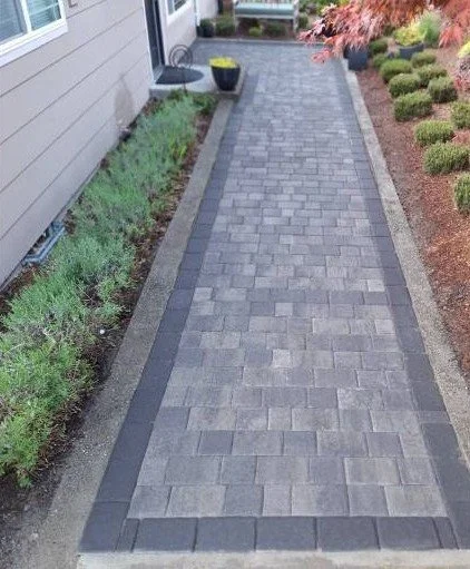 A paved walkway bordered by a garden bed with shrubs and a house exterior on the left.