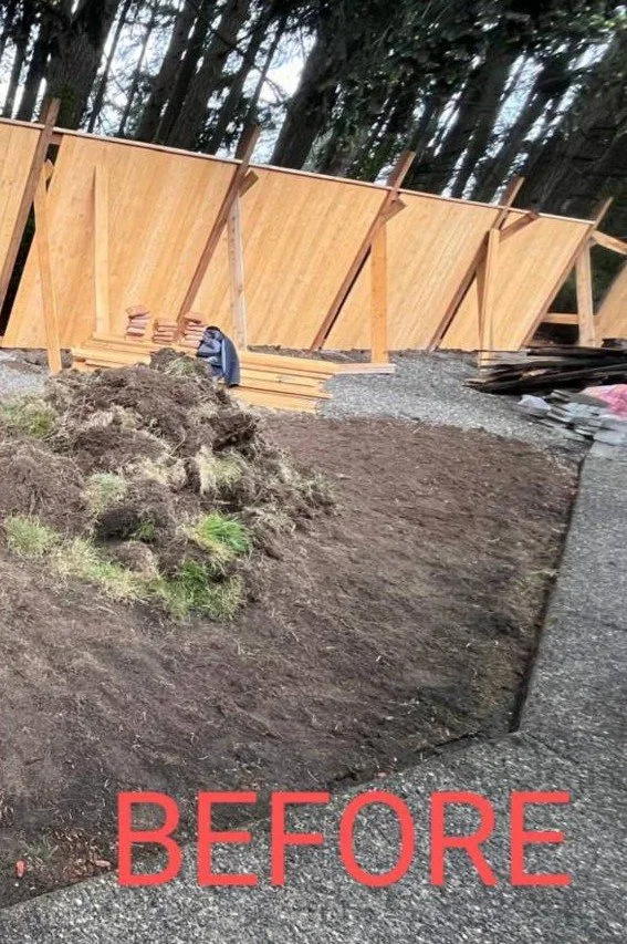 Construction site with a wooden fence partially built and a patch of disturbed dirt and grass in the foreground, labeled 'BEFORE' in red text.