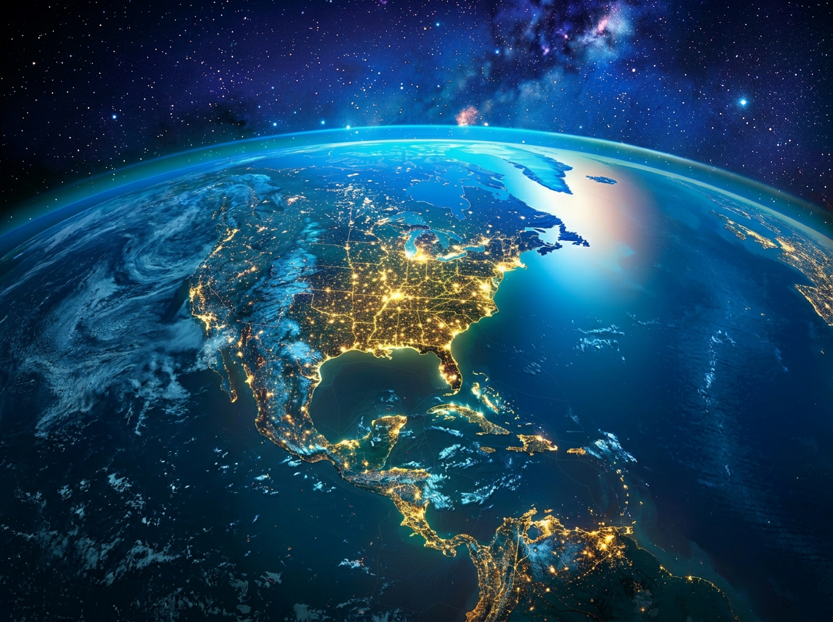 Nighttime view of Earth from space, highlighting North America, with city lights visible across the United States and surrounding countries. The Milky Way galaxy is visible in the background.