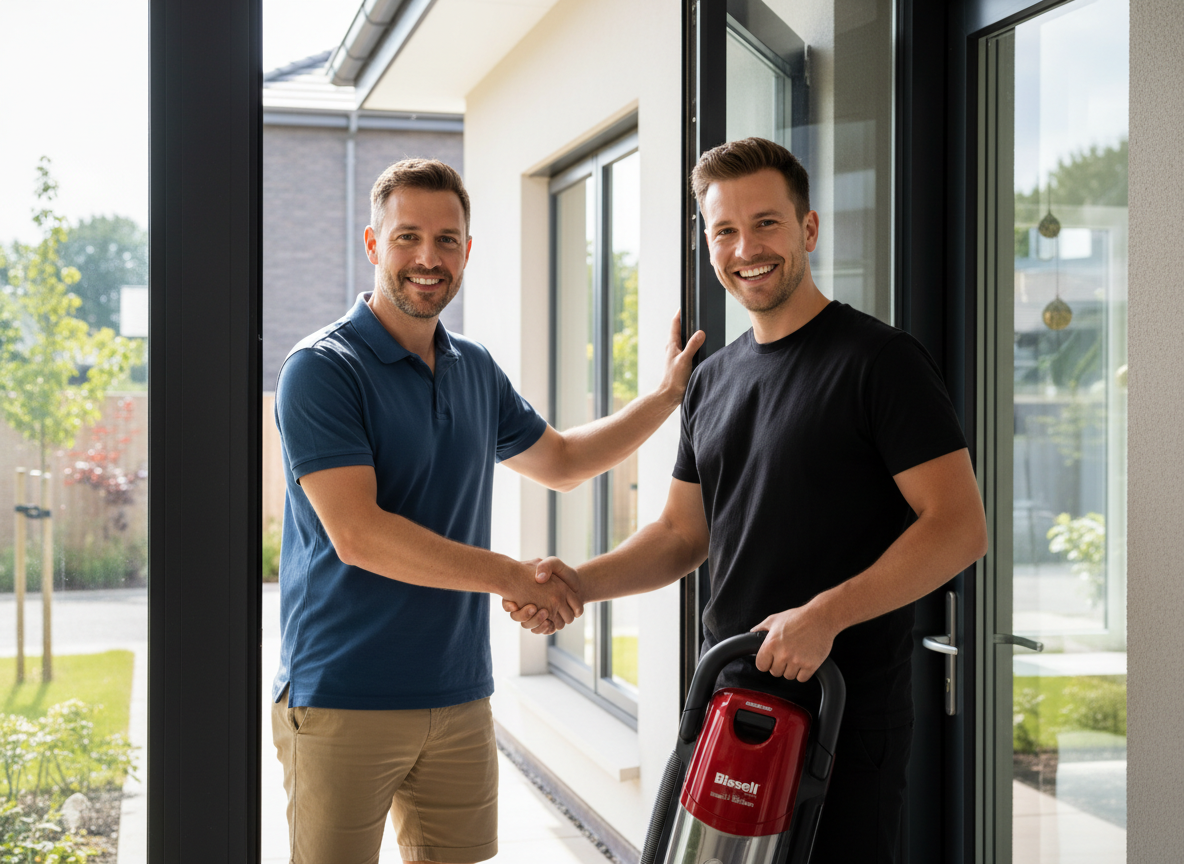Two men shaking hands at the door of a house, with one holding a red vacuum cleaner, smiling and exchanging a greeting or business offering.