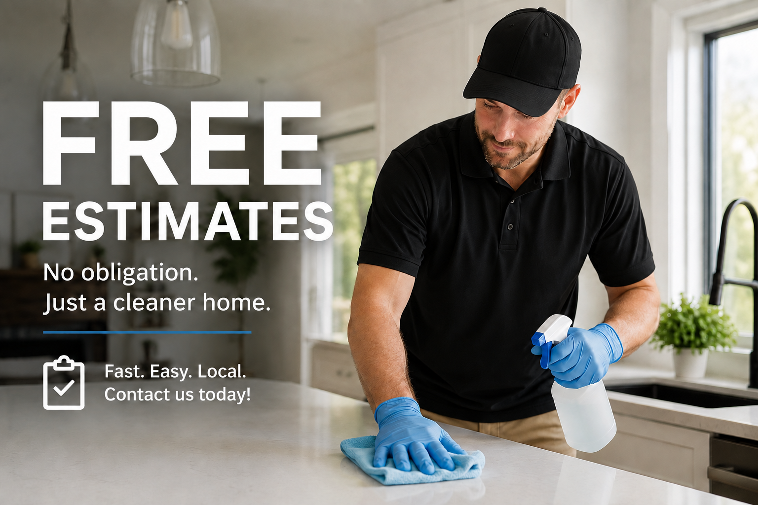 A man cleaning a kitchen counter with a spray bottle and cloth, promoting free estimates for cleaning services.