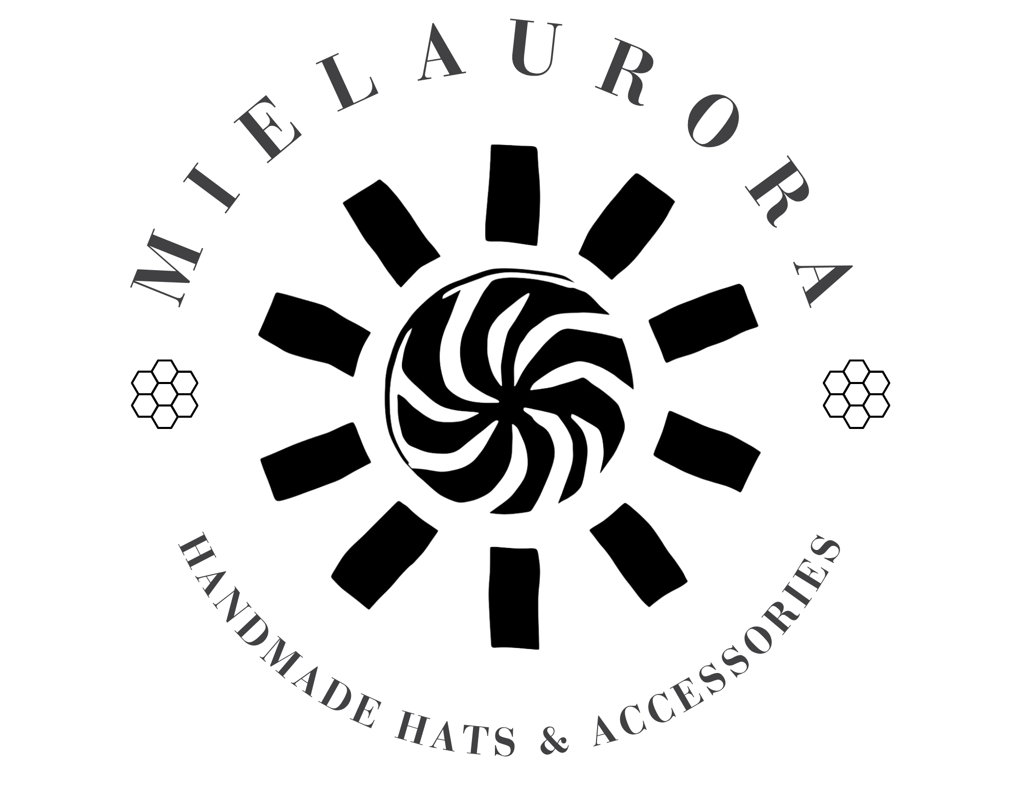 Logo with stylized swirl in the center, surrounded by black rectangular shapes. Circular text around the logo reads: 'Mielaurora Handcrafted Hats & Accessories'.