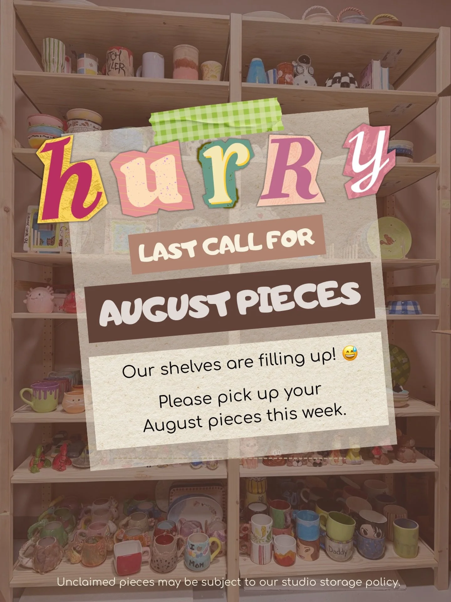 August pieces are officially ready for pickup! 🎨✨

Our shelves are getting VERY full 😅 If you painted with us in August, this is your sign to come pick up your freshly fired masterpiece! 💕🏺

📍 Clayful Art Cafe &mdash; Lewisville, TX
⏰ Please pic