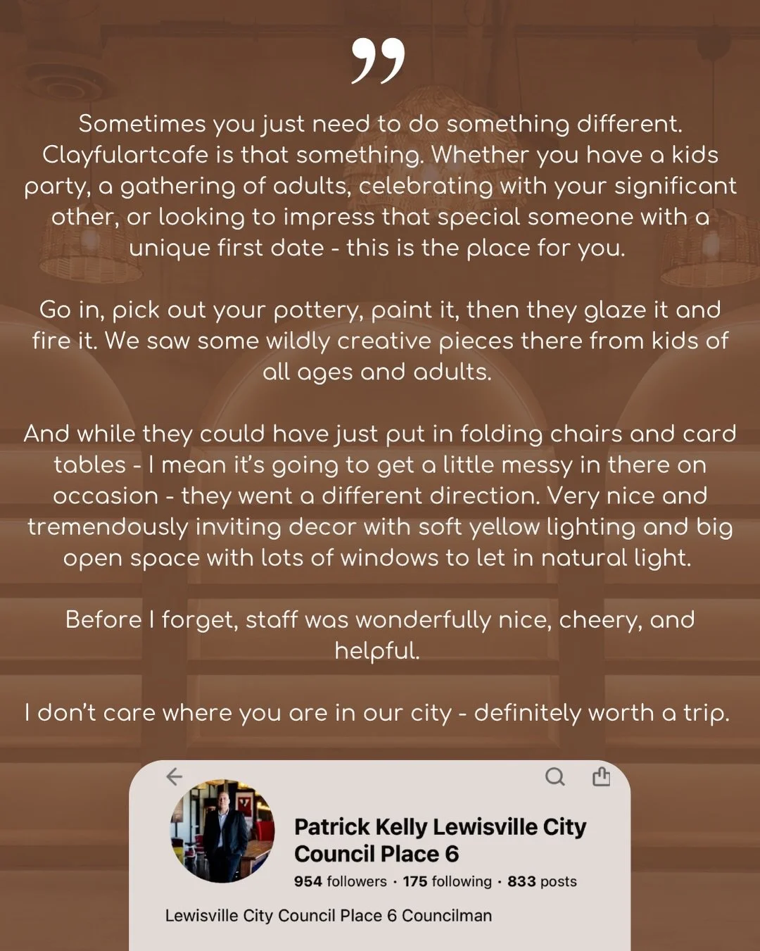 🥹💛 Reviews like this mean SO much to us!

Thank you for taking the time to share your experience at Clayful Art Cafe! 🎨✨ We&rsquo;re so happy you enjoyed not just painting your pottery, but the atmosphere, the space, and our team.

Whether it&rsqu