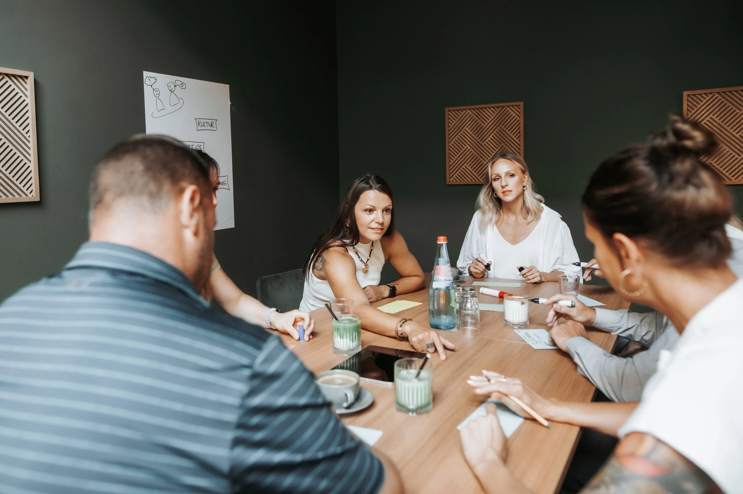 Eine Gruppe von Frauen und Männern sitzt an einem Tisch in einer Besprechung, diskutiert und schreibt auf Papier, mit Getränken vor sich, in einem Raum mit dunklen Wänden und runden Wanddekoren.