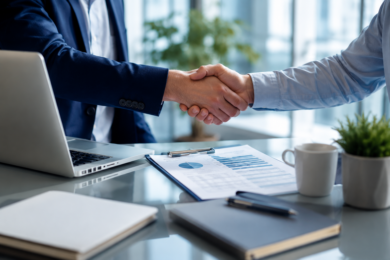 Two people shaking hands over a desk with a laptop, documents, notebooks, a pen, a coffee mug, and a plant, in an office setting.