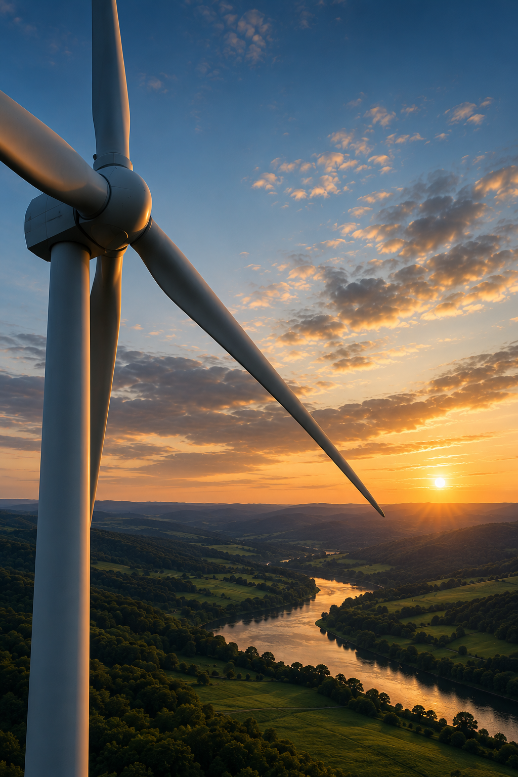A large wind turbine with three blades at sunset over a lush, green landscape with a river flowing through it.