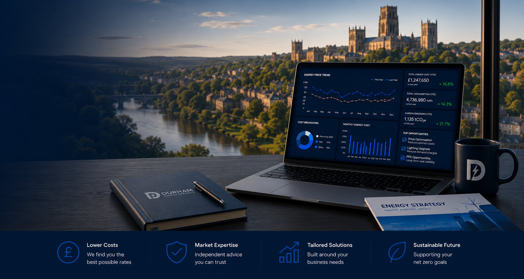 A laptop displaying energy market data on a cityscape background, with a notebook, pen, coffee mug, and energy strategy brochure on a table.