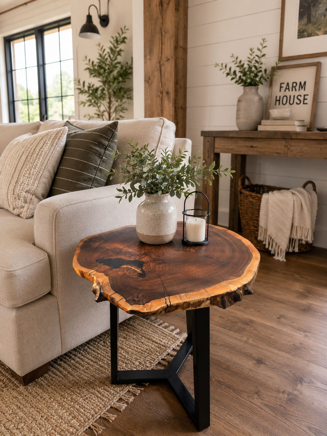 Living room with beige couch, decorative pillows, rustic wooden side table with greenery in a vase, candle, and garden-themed decor, and wooden flooring.