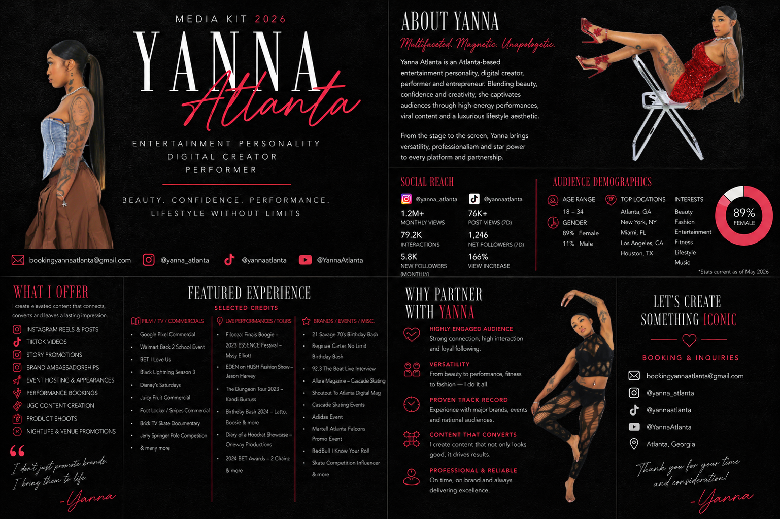 Design for Yanna Atlanta media kit 2026, featuring a woman with tattoos in a red dress sitting on a chair and another woman with tattoos in a black outfit standing, detailing her services, social media, audience demographics, featured experiences, and contact information.