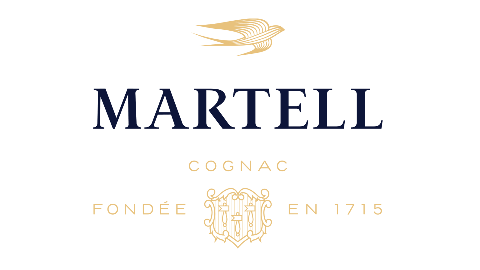Logo for Martell cognac featuring a golden bird above the brand name and a decorative emblem, with text indicating it was founded in 1715.
