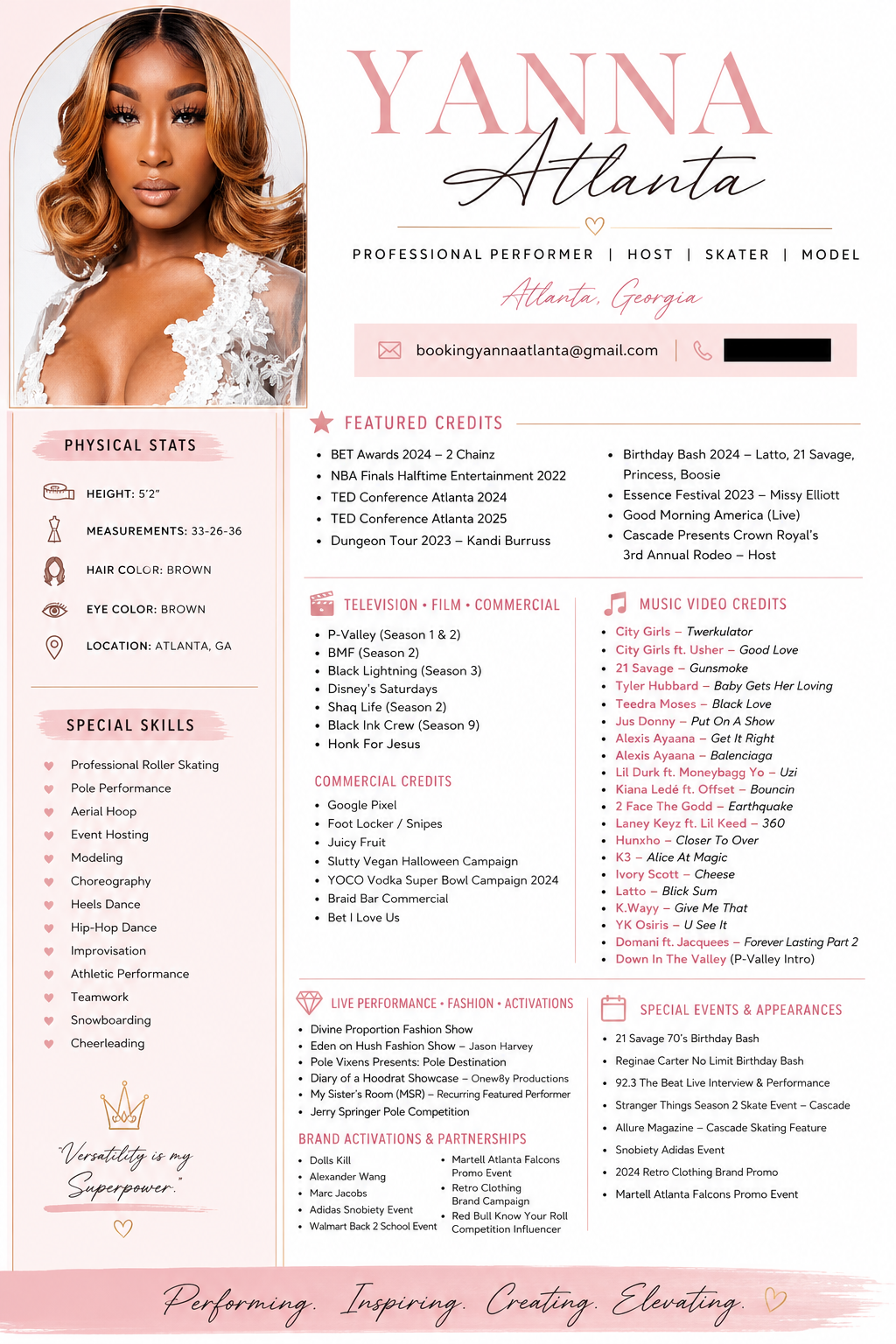 A celebrity promotional flyer featuring Yanna Atlanta, an Atlanta-based professional performer, host, skater, and model. The flyer includes her photo on the left, contact information, physical stats, special skills, and credits for TV, film, commercial, and music video work, as well as her live performances, brand activations, and special events.
