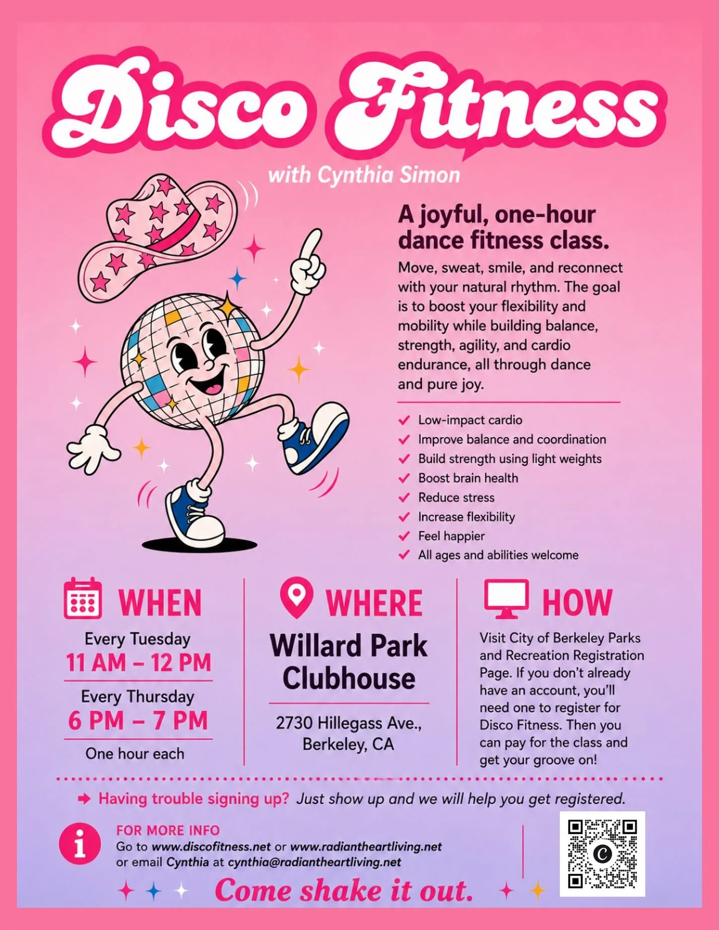 💃✨ Come dance with us! ✨🪩
Disco Fitness is a joyful, all-bodies, all-abilities dance fitness class where we move, groove, strengthen, stretch, and have a little fun along the way. 💗
No dance experience needed. You can&rsquo;t get it wrong! Just co