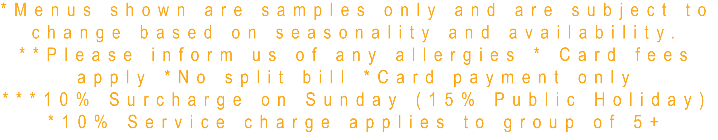 Image contains informational text about menus, detailing seasonal changes, allergy notices, card fees, surcharges on holidays, and service charges for groups.