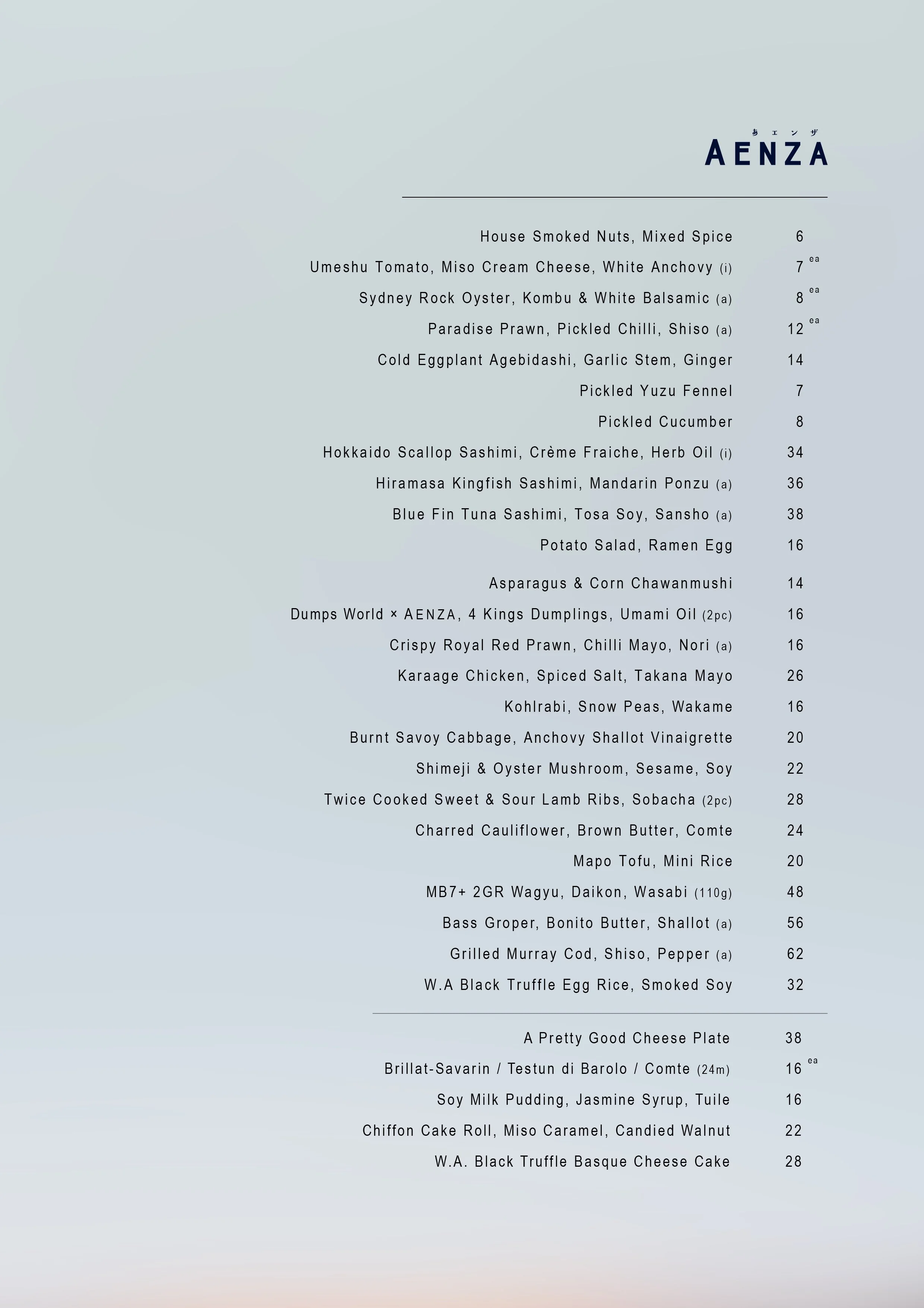 A menu with various dishes and prices, including sushi, grilled meats, desserts, and drinks, listed in a column on a light-colored background.