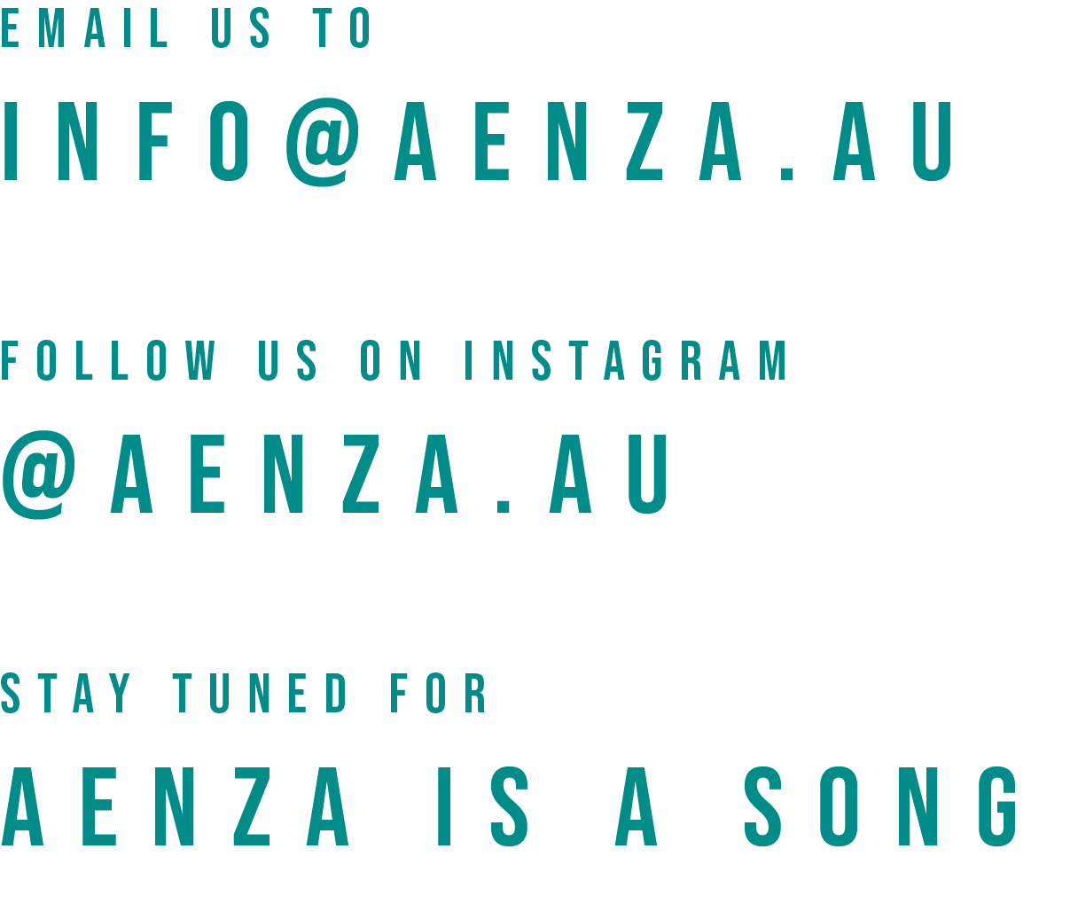 Text with contact email info@aenza.au, social media handle @aenza.au, and message about Aenza song.