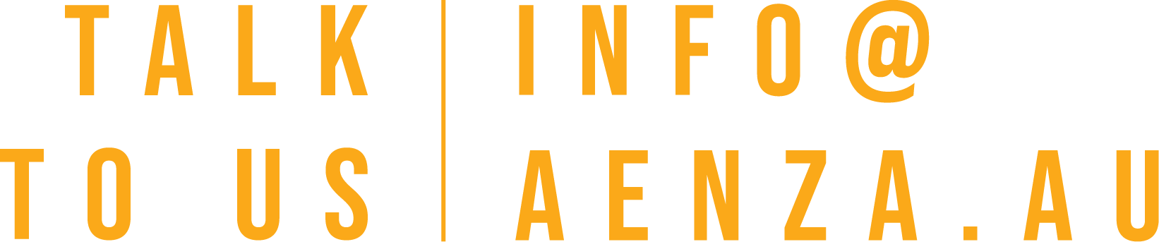 Text graphic with bold orange text on a black background that says "TALK @ INFO TO US | AENZA.U".
