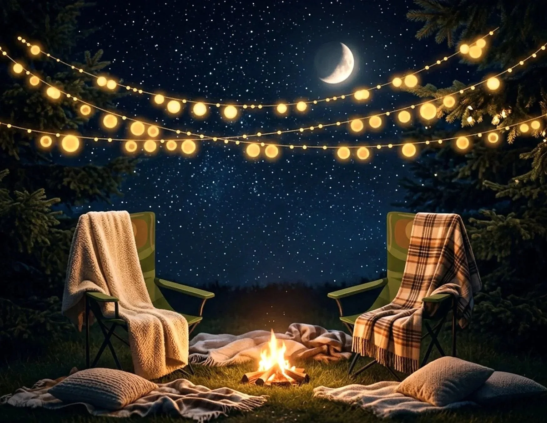 Two chairs with blankets and pillows are set around a small campfire in a grassy outdoor space at night. Above, string lights are hanging between trees, illuminating the scene. The starry night sky features a crescent moon.