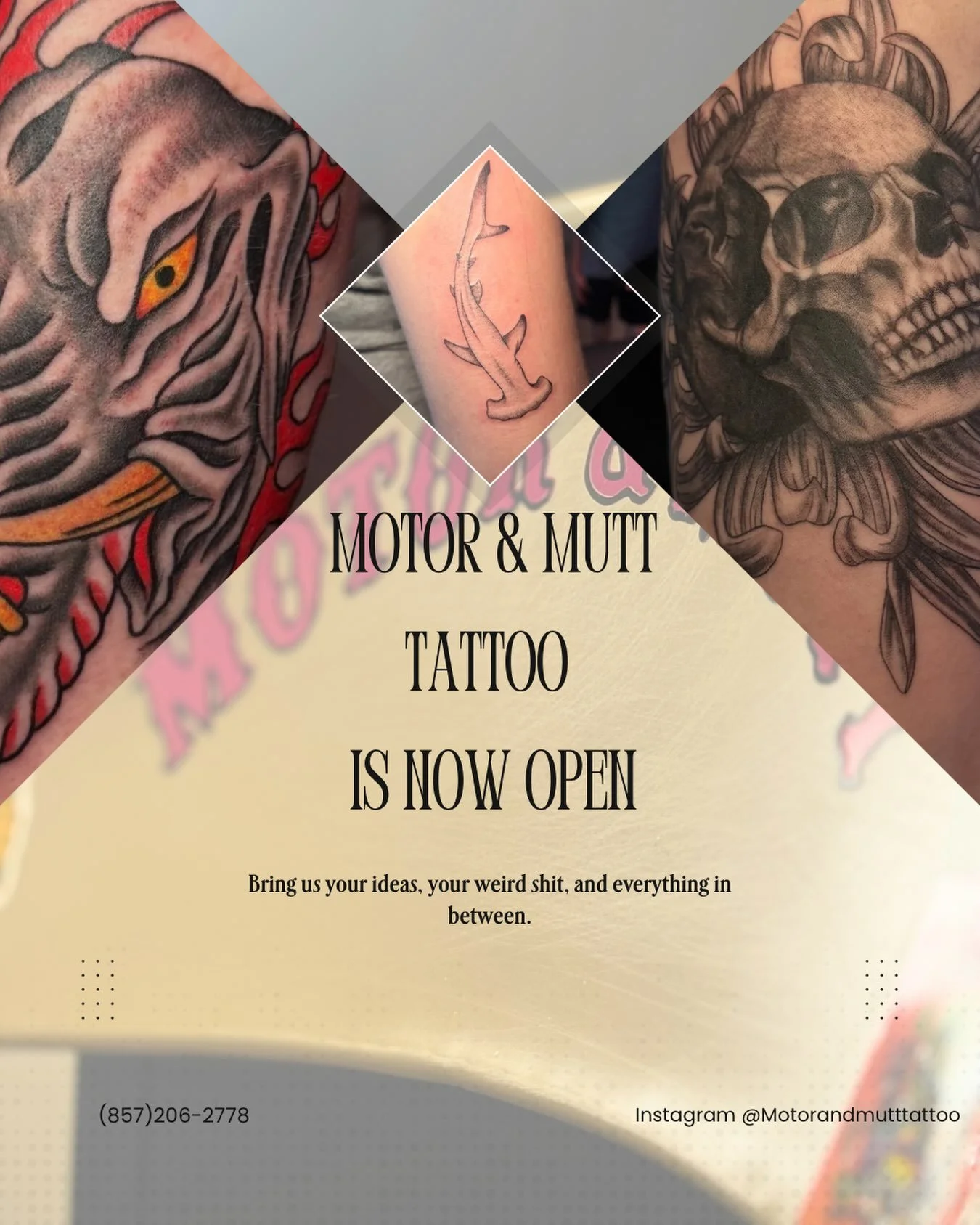 WE&rsquo;RE OPEN. 🏁🦴🐾🛠️🏍️

Motor &amp; Mutt Tattoo is officially open and taking appointments.

Good tattoos. Good vibes. No bullshit.

📍 Boston, MA
📲 DM to book or use link in bio

Come get something you&rsquo;ll want to keep.

.

.

.

.

.
