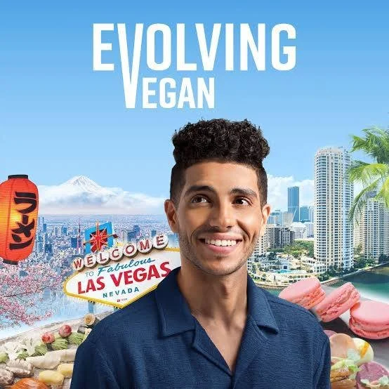 Smiling man in front of a digital collage of Las Vegas landmarks, mountains, and pink macarons with text that reads 'Evolving Vegan'.