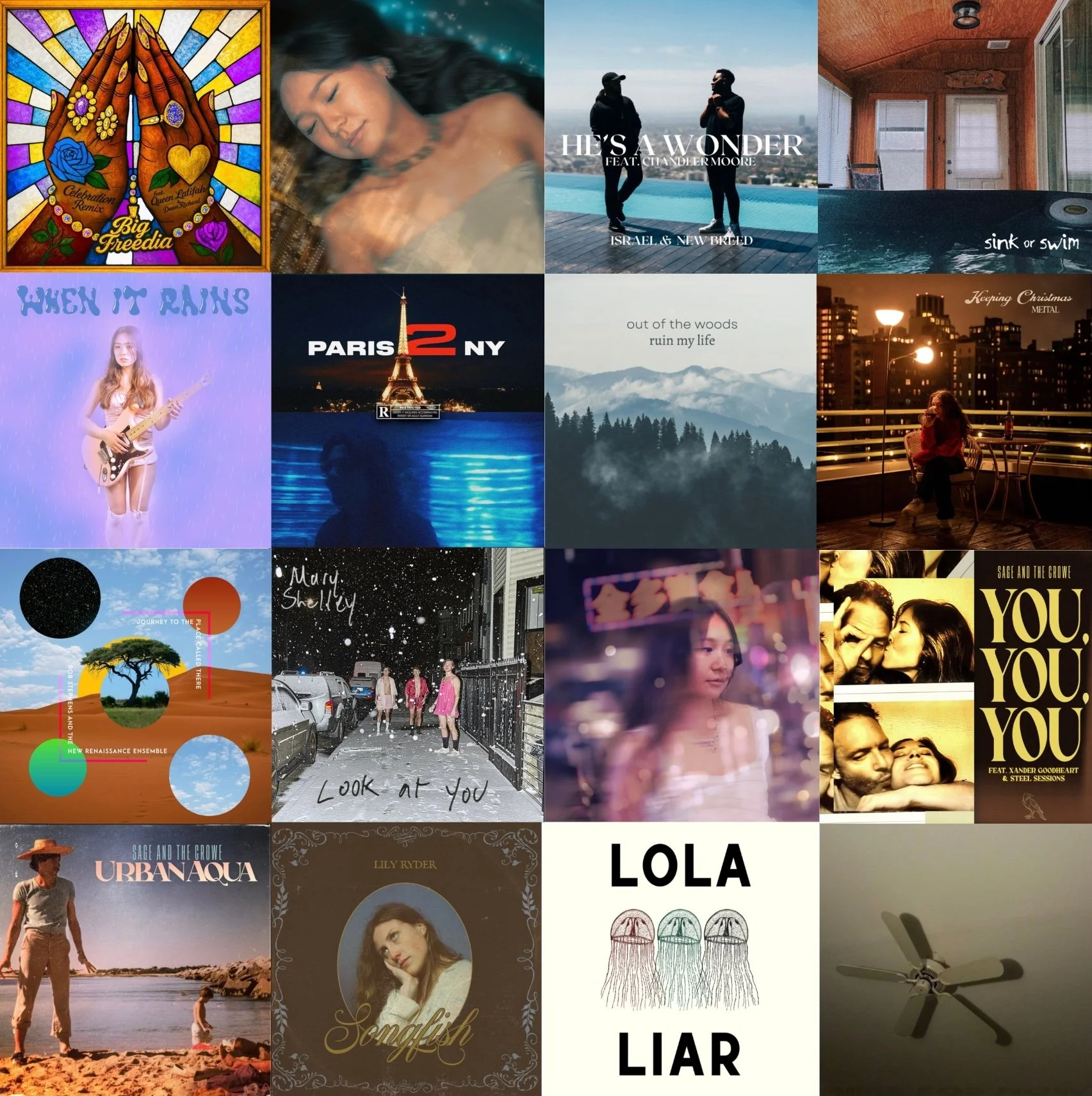 A collage of various album covers and posters, including colorful stained glass hands, a woman relaxing, two men by a pool, a girl with a guitar in the rain, the Eiffel Tower at night with the album release 'Paris 2 NY,' mountain scenery with text 'out of the woods ruin my life,' a nighttime cityscape with a woman sitting outside, and promotional posters for music artists and albums such as 'BIG FREEDIA,' 'LOLA,' 'URBANAQUA,' and others.
