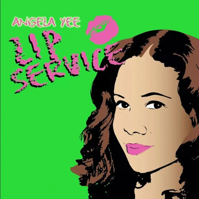Digital illustration of a woman with wavy brown hair, pink lipstick, featuring text that says "Angela Yee Lip Service" with a pink lipstick kiss mark on a bright green background.