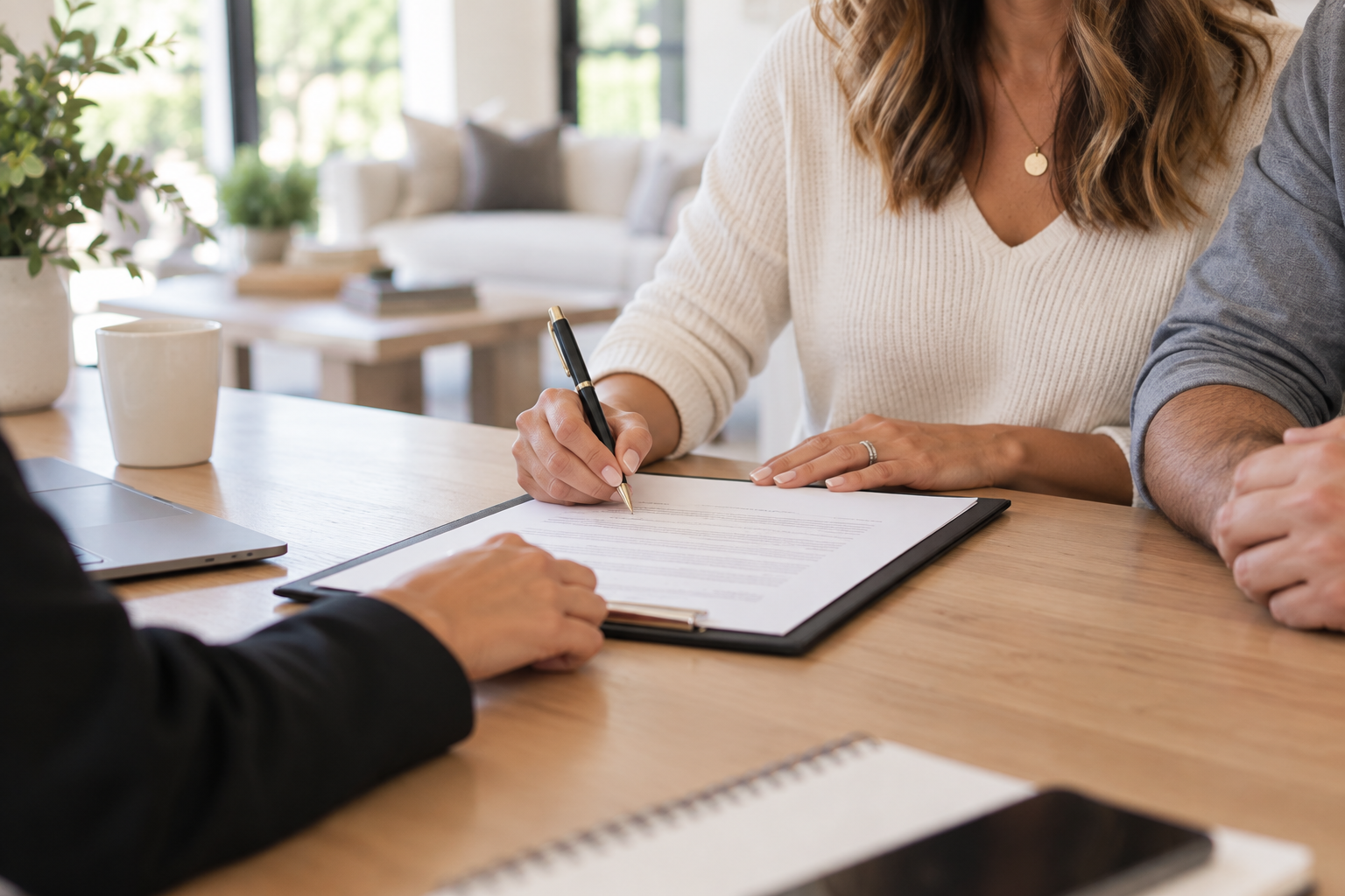 Woman signing a real estate purchase offer at a table with her agent, representing the offer-writing and negotiation stage of buying a home.