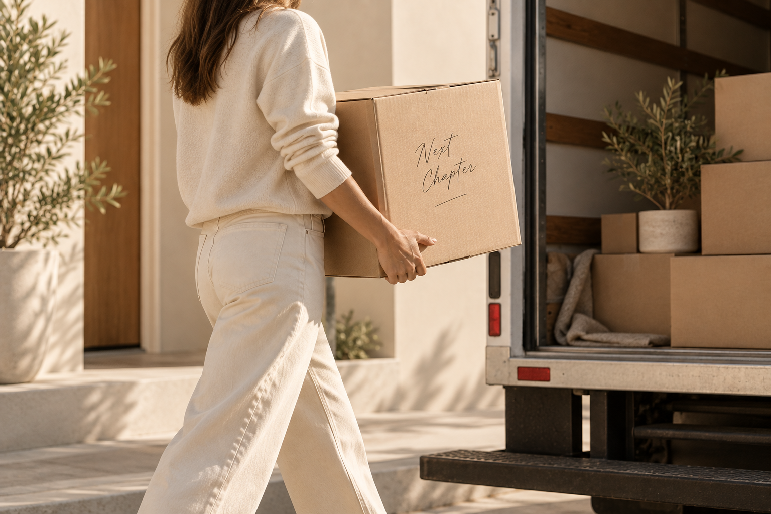 Person carrying a moving box toward an open moving truck outside a modern home, styled in warm neutral tones with soft natural sunlight and a clean, elevated editorial feel.