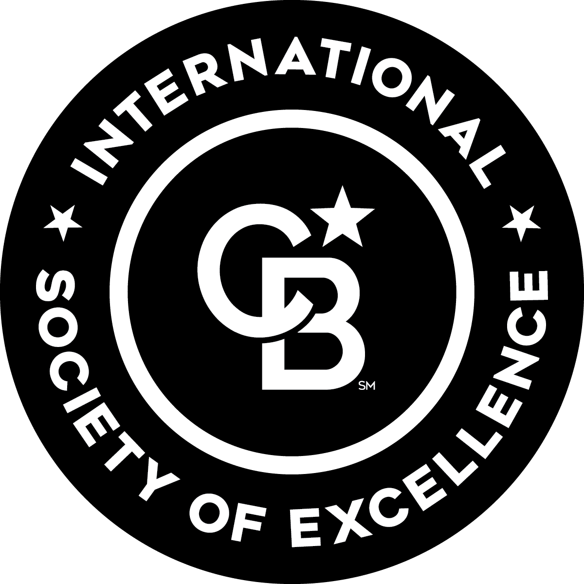 Black background with white circular text reading 'INTERNATIONAL SOCIETY OF EXCELLENCE' surrounding a logo with interlocked G, B, and a star.
