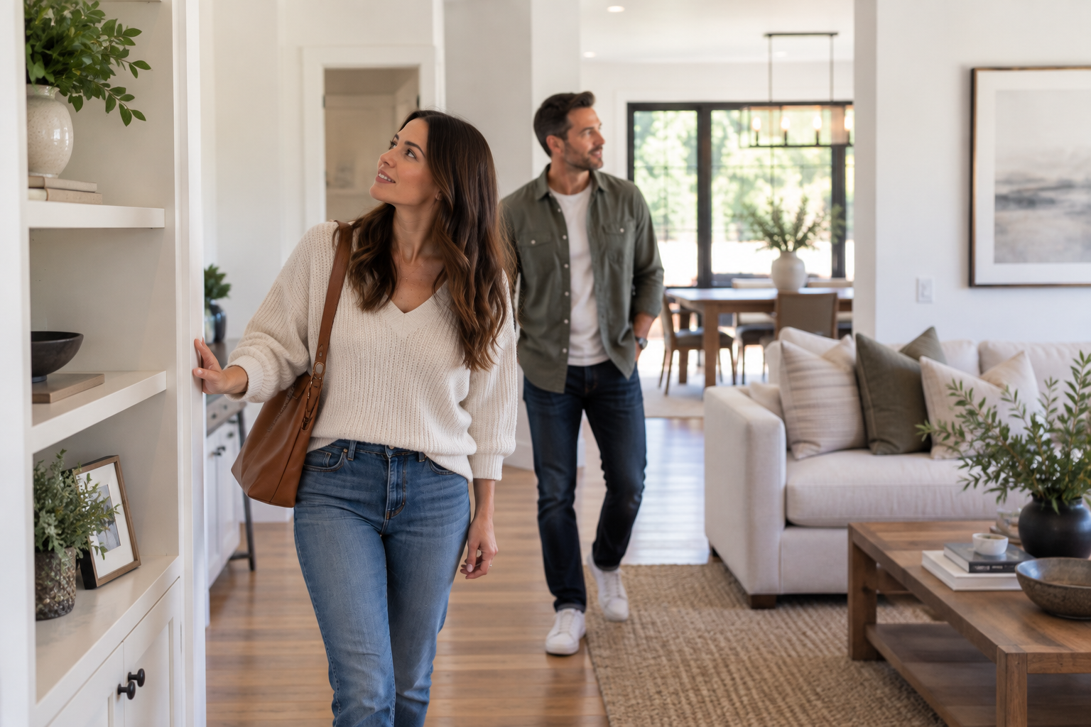 Couple naturally touring a bright, modern home, looking around the living space and taking in the features during their home search.
